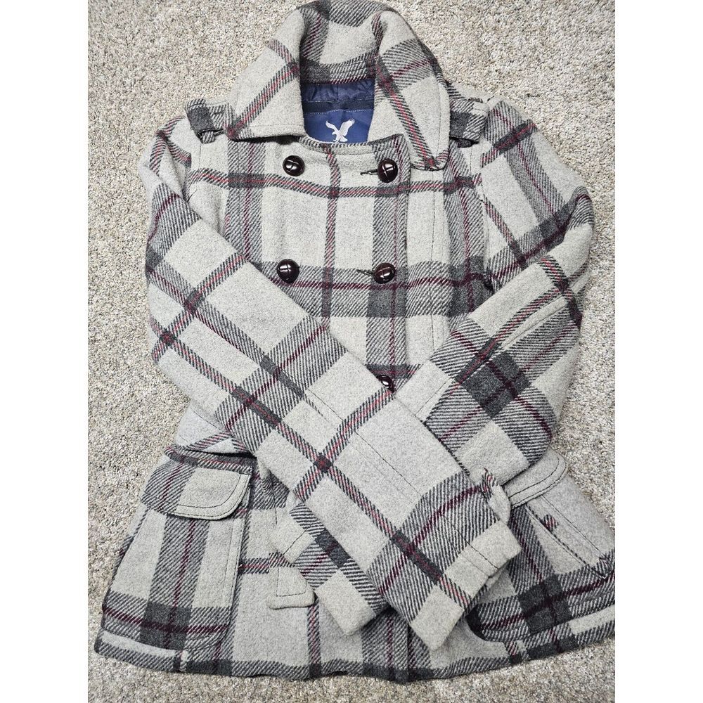American Eagle Womens Plaid Wool Trench Coat Double Breasted Long Sleeve  Size S